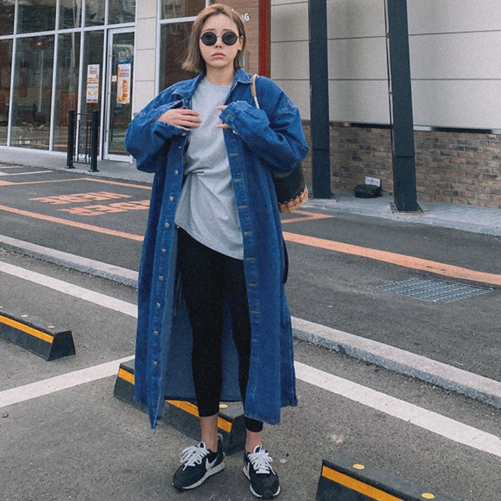 Women's Longline Denim Shirt Coat with Boxy Oversized Silhouette and Continuous Button Placket Mune Fashion