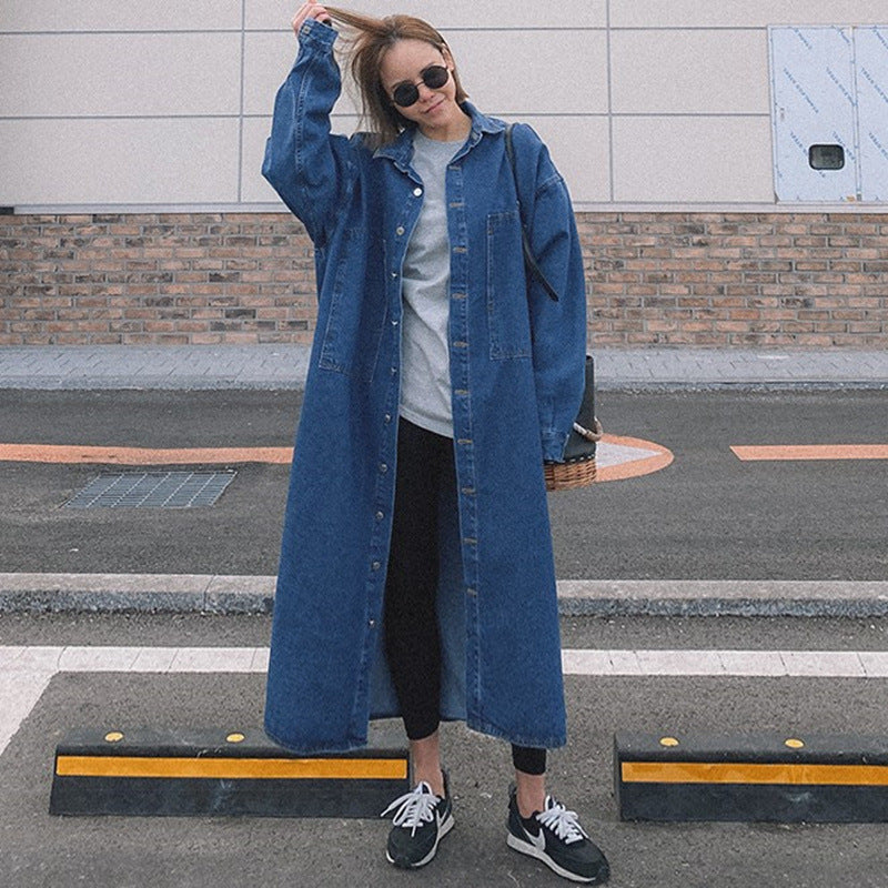 Women's Longline Denim Shirt Coat with Boxy Oversized Silhouette and Continuous Button Placket Mune Fashion