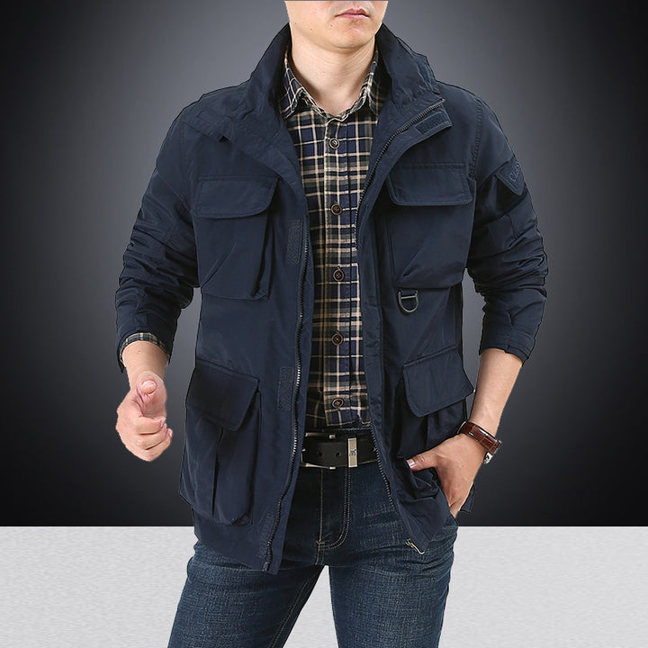 Men's multifunctional utility field jacket with numerous flap and zippered pockets as well as D-ring Mune Fashion