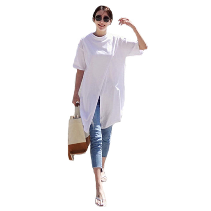 Women's Oversize Long Shirt with Central Front Opening, Extended Hem, and Round Neckline Mune Fashion