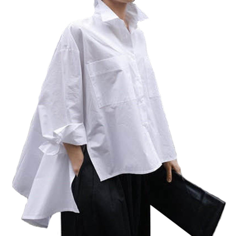 Women's oversized boxy shirt blouse made of cotton poplin with large chest pockets and side bow detail Mune Fashion
