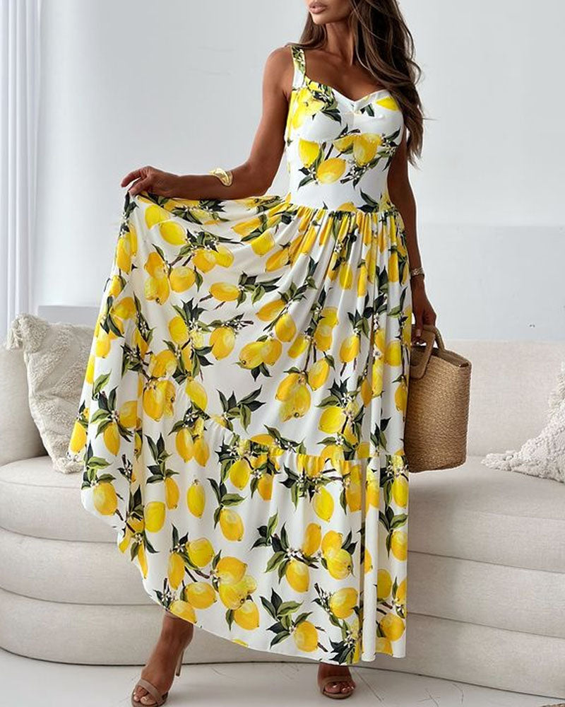 Maxi dress with lemon pattern and wide straps