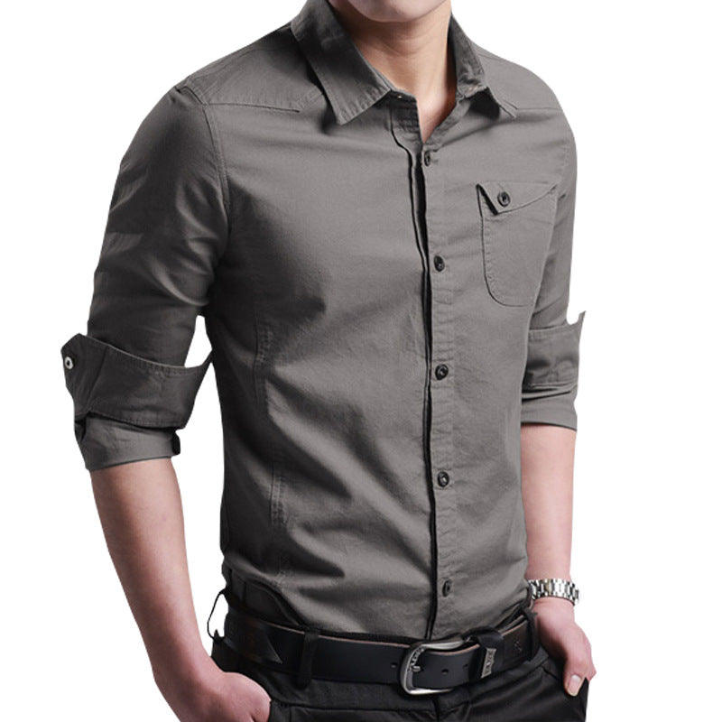 Men's Slim-Fit Cotton Shirt with Roll-Up Sleeves and Chest Pocket Mune Fashion