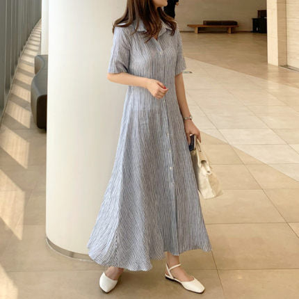 Women's Striped Shirt Dress Maxi with Kent Collar and Side Slit Mune Fashion