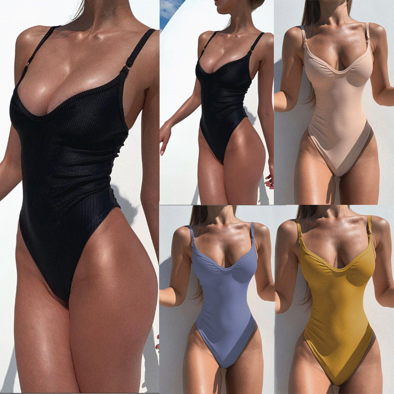 Ladies High-Cut One-Piece Swimsuit with Sophisticated V-Neck Mune Fashion