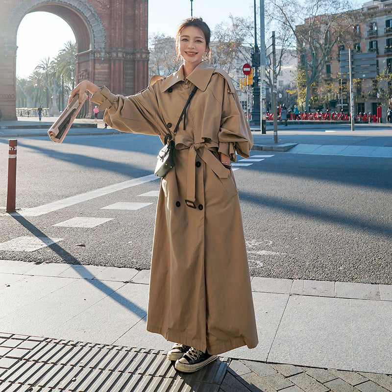 Women Oversized Trench Coat with Balloon Sleeves, Double-Breasted Button Placket and Waist Belt Mune Fashion