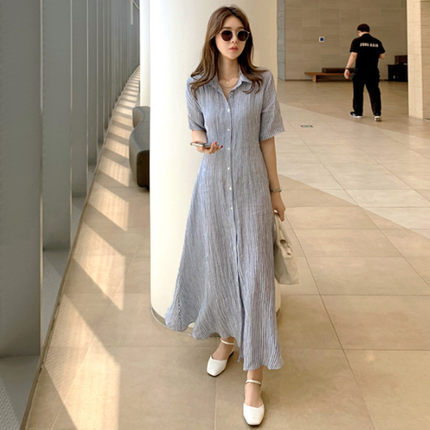 Women's Striped Shirt Dress Maxi with Kent Collar and Side Slit Mune Fashion