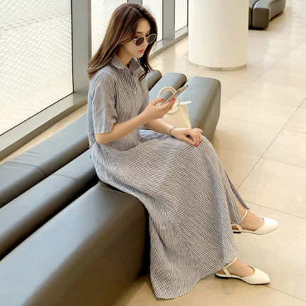 Women's Striped Shirt Dress Maxi with Kent Collar and Side Slit Mune Fashion