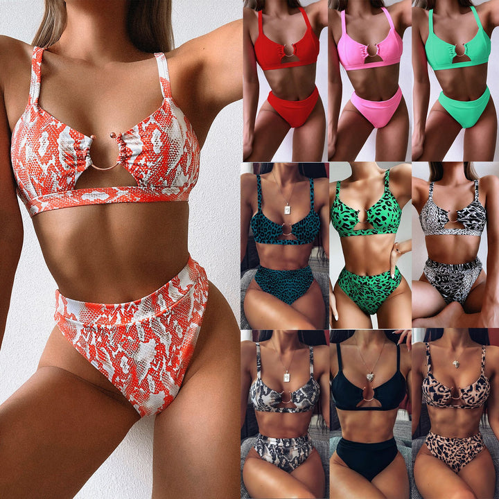 Ladies High-Waisted Bikini Set with Stylish Leopard Print Mune Fashion