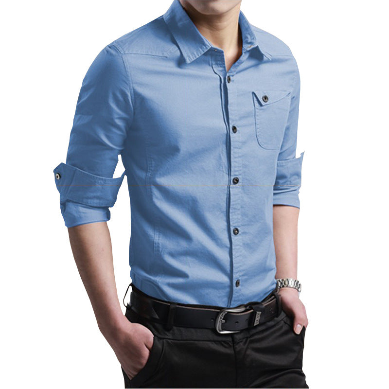 Men's Slim-Fit Cotton Shirt with Roll-Up Sleeves and Chest Pocket Mune Fashion