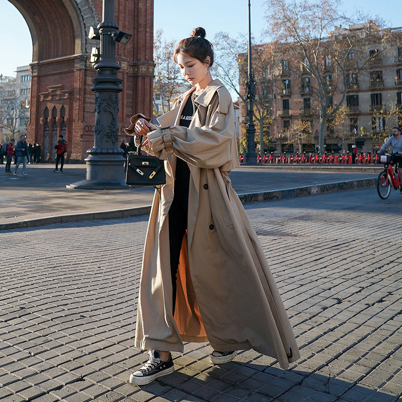 Women Oversized Trench Coat with Balloon Sleeves, Double-Breasted Button Placket and Waist Belt Mune Fashion