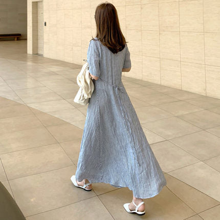 Women's Striped Shirt Dress Maxi with Kent Collar and Side Slit Mune Fashion