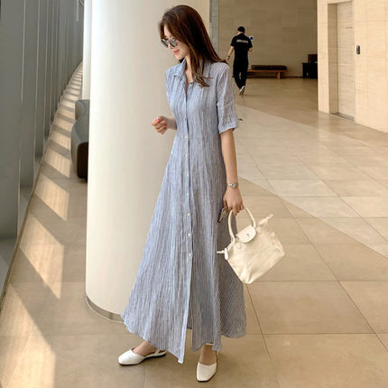 Women's Striped Shirt Dress Maxi with Kent Collar and Side Slit Mune Fashion