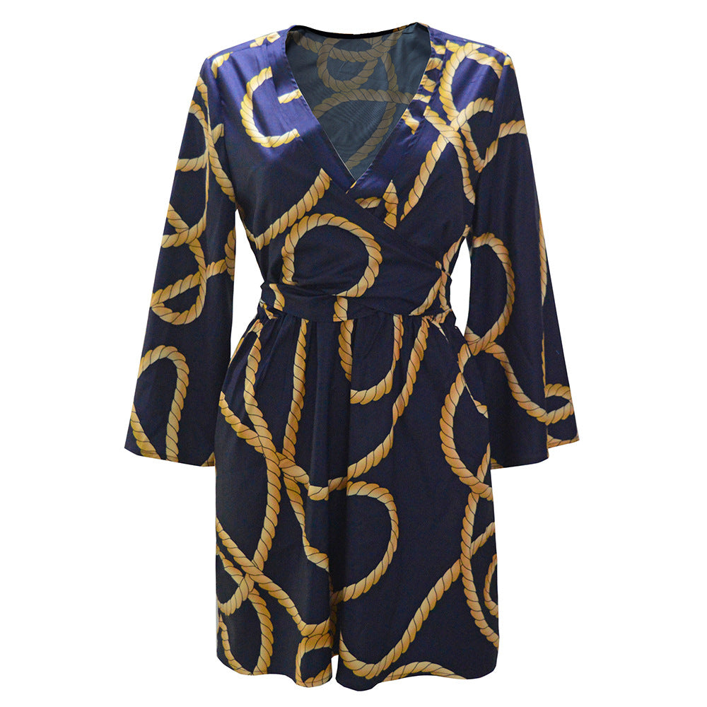 Women’s wrap dress with rope print, V-neck & fitted tie belt Mune Fashion