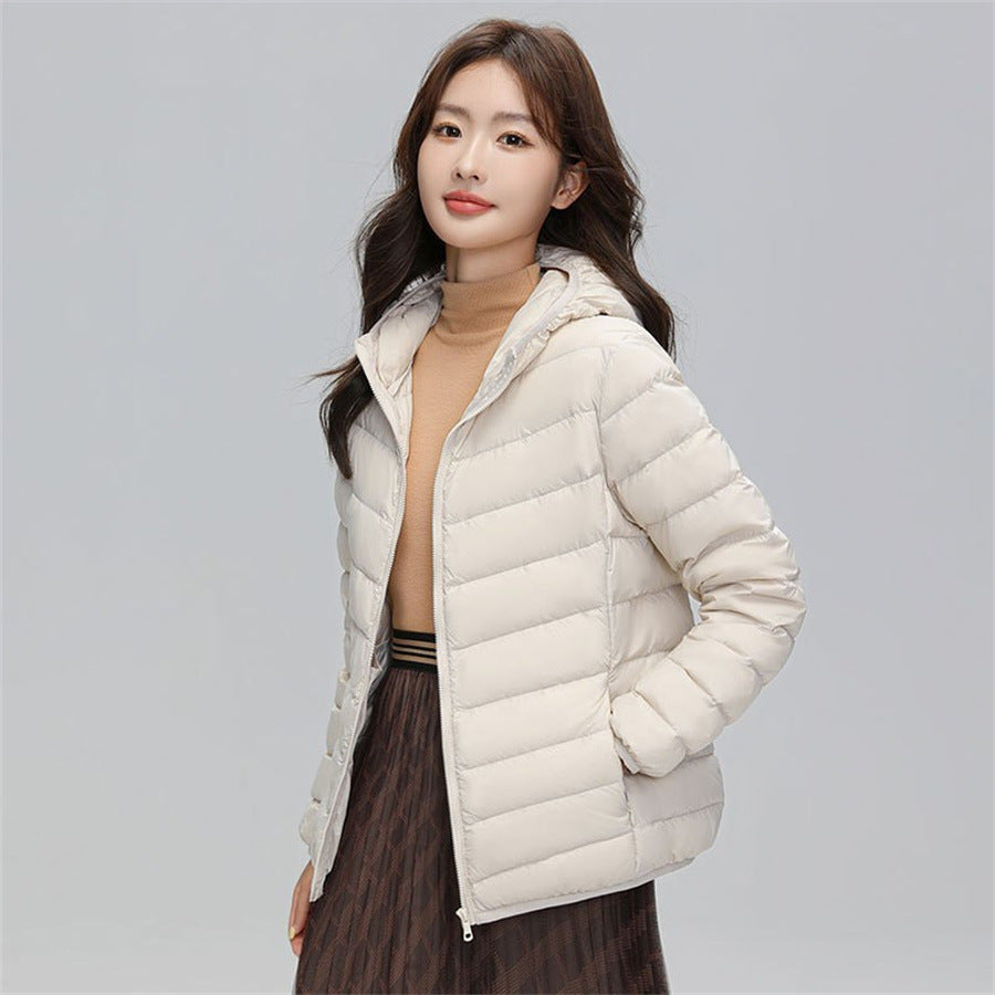 Women's down jacket, short, with hood, lightweight and warm
