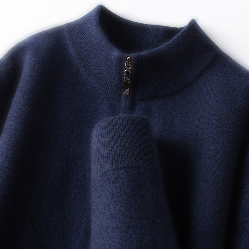 Men's wool pullover, 100% wool, zipper, stand-up collar