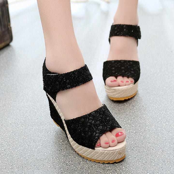 Women's elegant wedge espadrille with woven jute platform, textured textile upper and adjustable hook-and-loop strap Mune Fashion