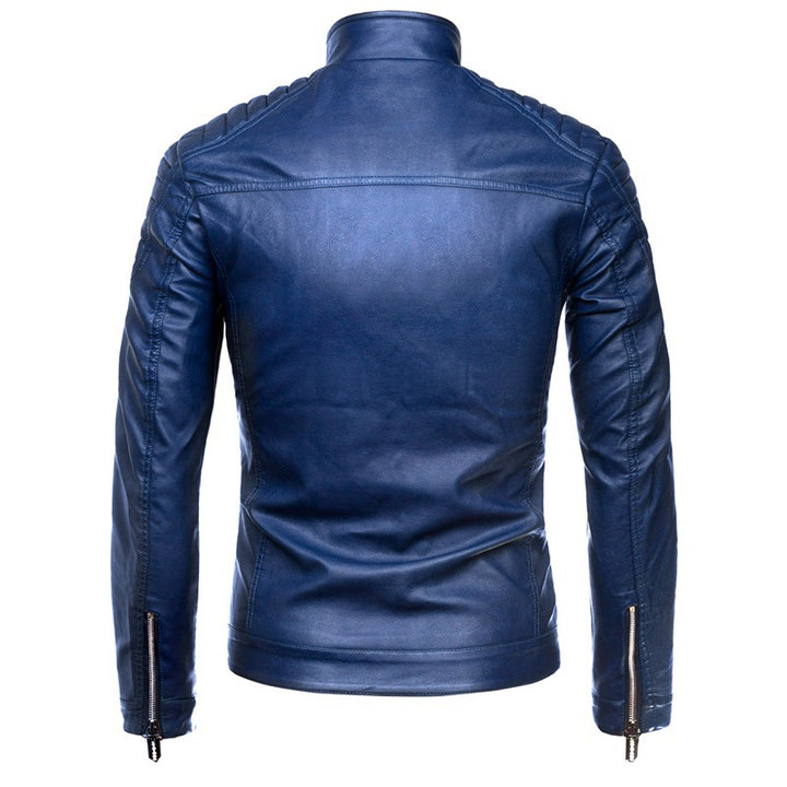 Men's Slim-Fit Faux Leather Biker Jacket with Stand Collar and Shoulder Padding Mune Fashion