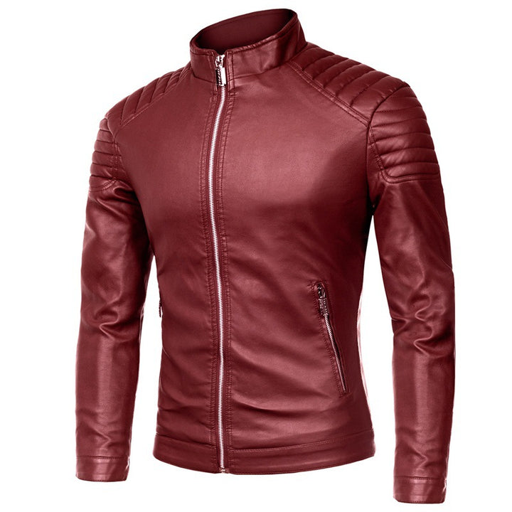 Men's Slim-Fit Faux Leather Biker Jacket with Stand Collar and Shoulder Padding Mune Fashion