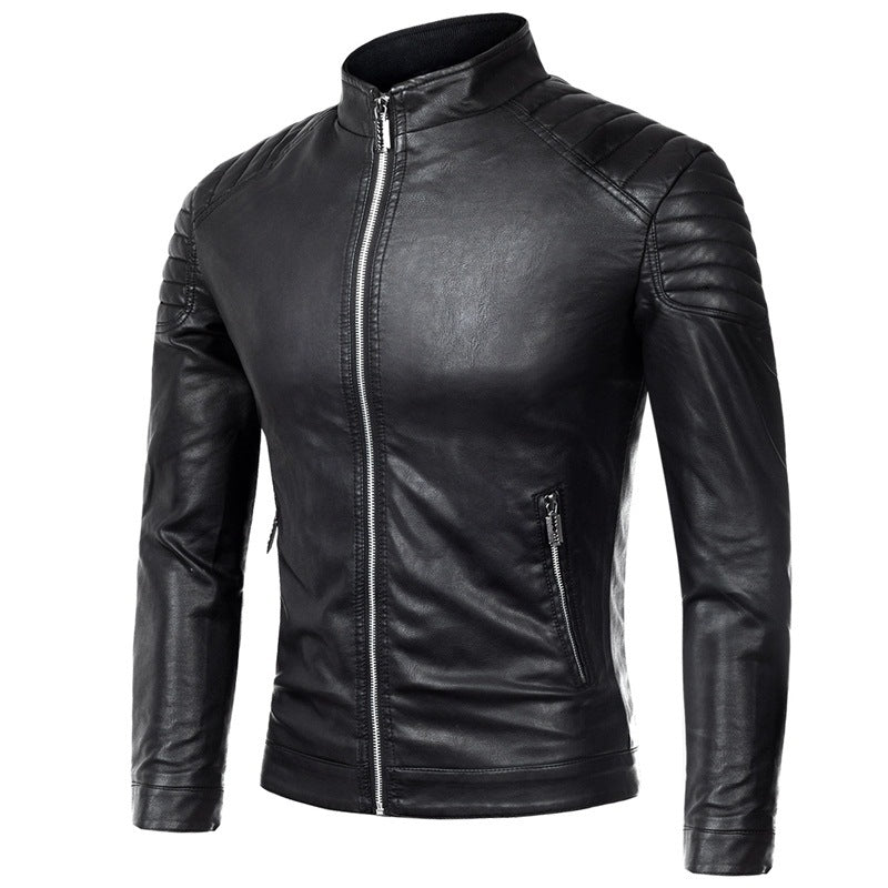 Men's Slim-Fit Faux Leather Biker Jacket with Stand Collar and Shoulder Padding Mune Fashion