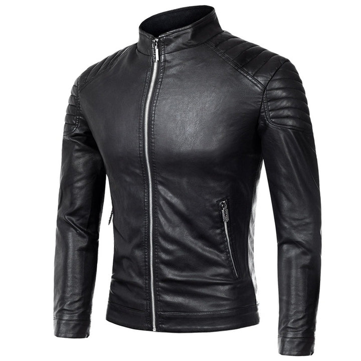 Men's Slim-Fit Faux Leather Biker Jacket with Stand Collar and Shoulder Padding Mune Fashion