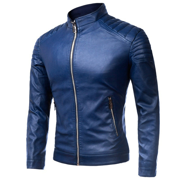 Men's Slim-Fit Faux Leather Biker Jacket with Stand Collar and Shoulder Padding Mune Fashion
