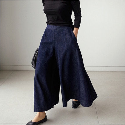 Women's Wide Denim Culotte Pants with Side Pockets Mune Fashion