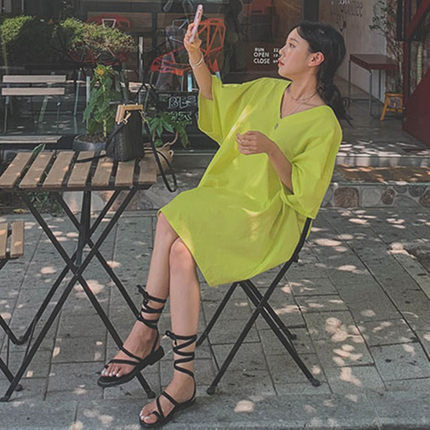 Women's Lightweight Oversized Kaftan Dress with V-Neck and Asymmetrical Hem Mune Fashion