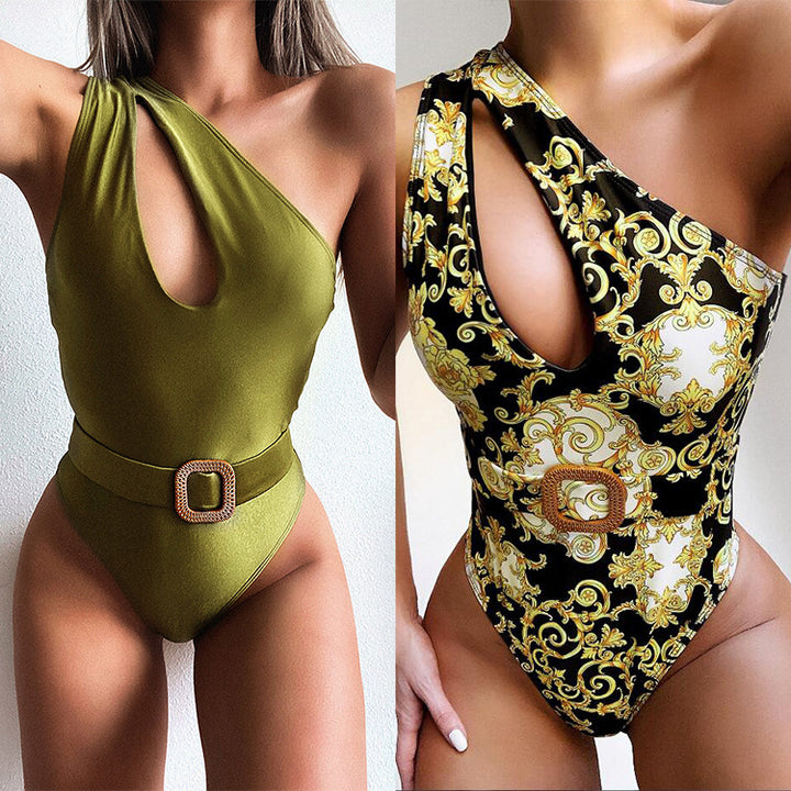 Women's Cut-Out One-Piece Swimsuit with Asymmetrical Design and Waist Belt Mune Fashion