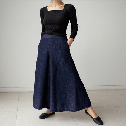 Women's Wide Denim Culotte Pants with Side Pockets Mune Fashion