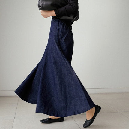 Women's Wide Denim Culotte Pants with Side Pockets Mune Fashion