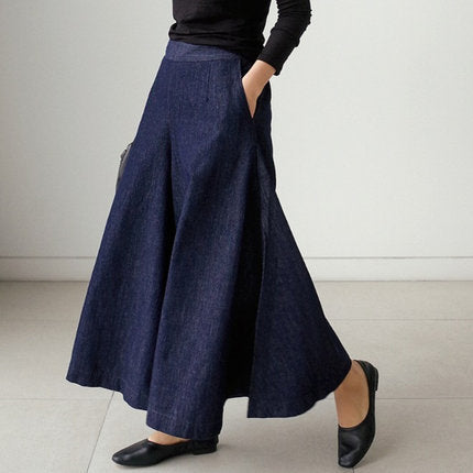 Women's Wide Denim Culotte Pants with Side Pockets Mune Fashion
