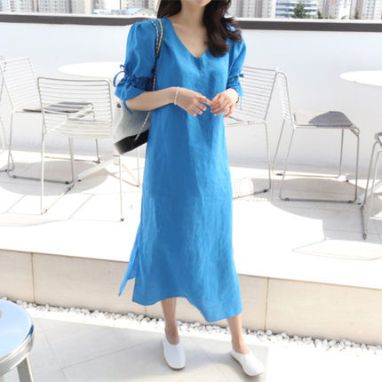 Women's Linen Look Midi Dress with Side Slit and Decorative Straps on Sleeves Mune Fashion