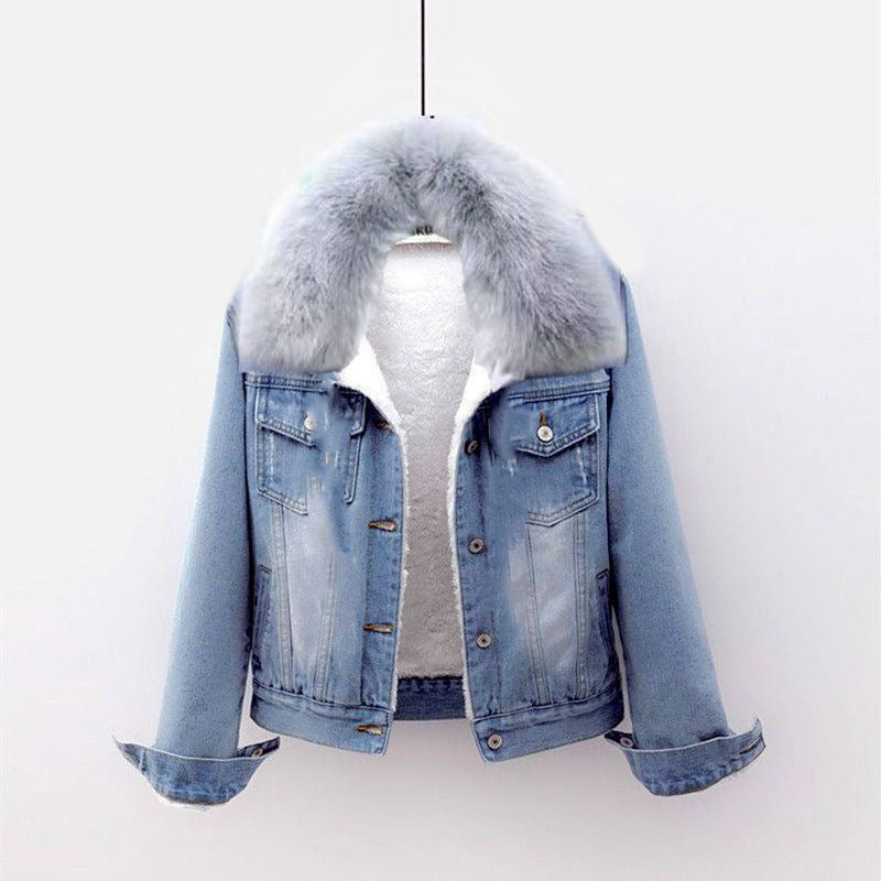 Padded women's denim jacket with detachable hood