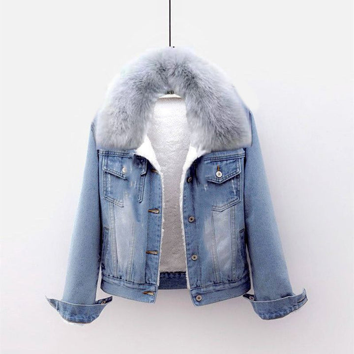 Padded women's denim jacket with detachable hood