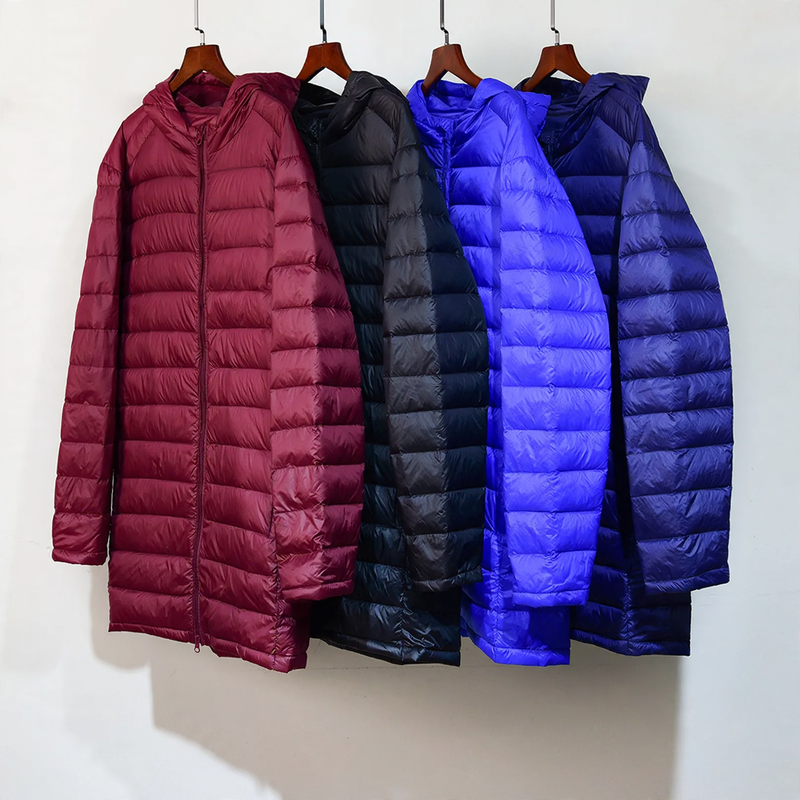 Men's down jacket, mid-length, plus sizes, with hood
