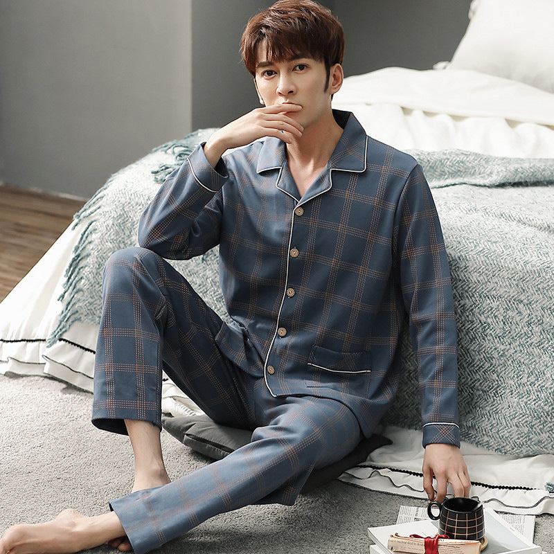 Men's cotton pajama set, long sleeve, with button placket