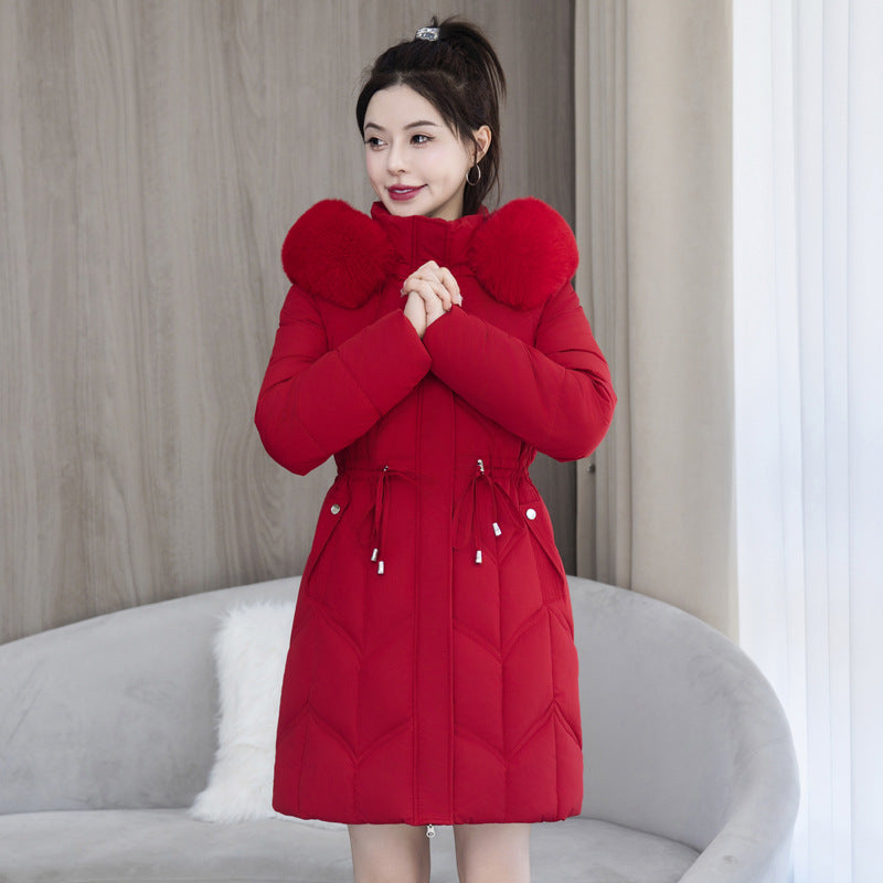 Long women's winter coat with faux fur collar