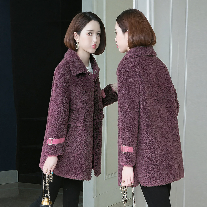 Women's coat made of lambskin imitation, medium length