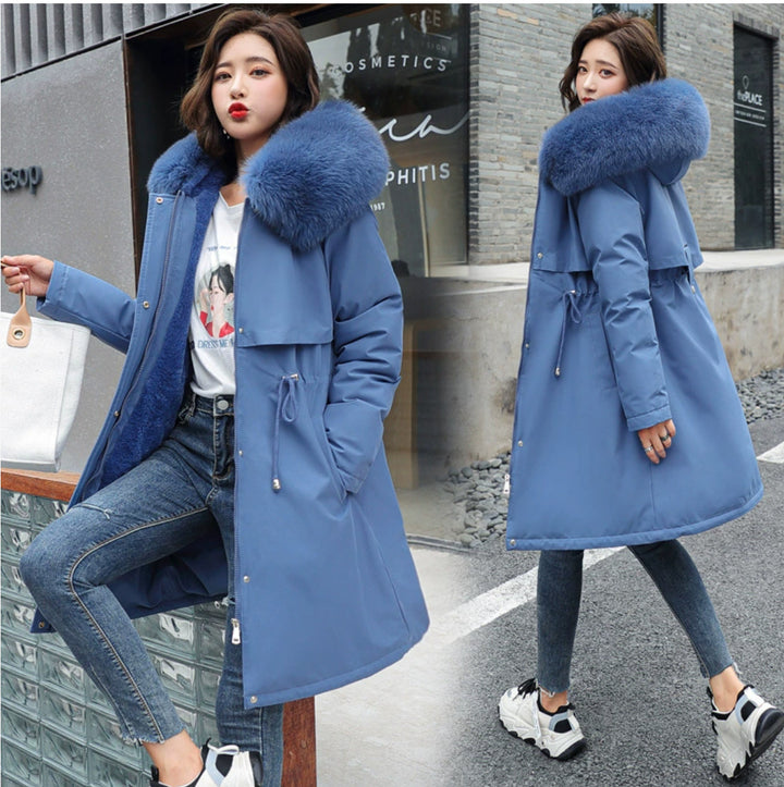 Padded parka with lamb fleece and fur collar for women
