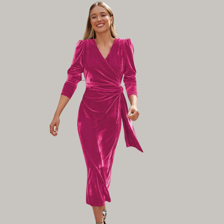 Mune | Long Midi Dress Wrap-Type of Velours with Puff Sleeves