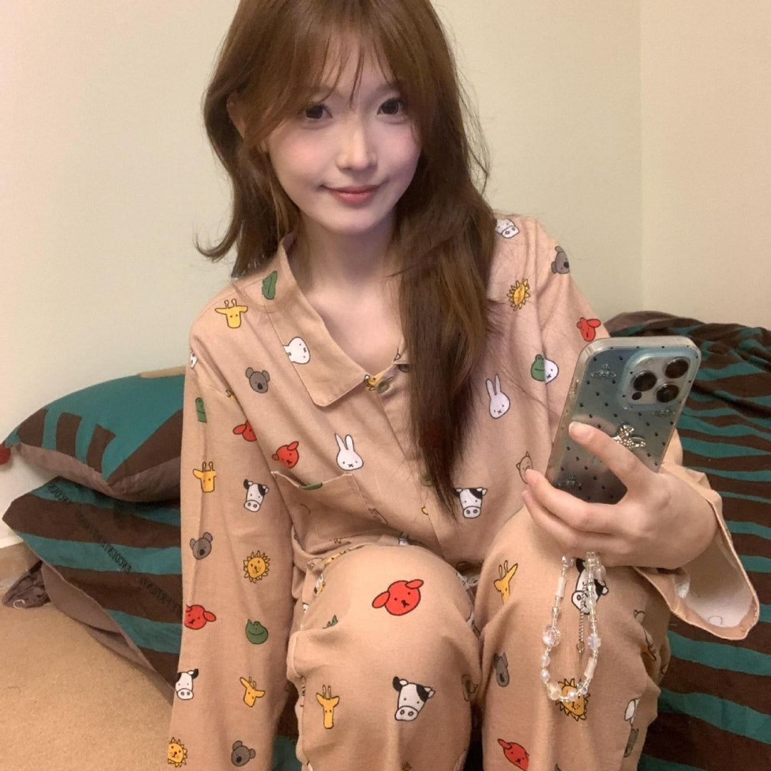 Cotton loungewear, brushed, long, cartoon design