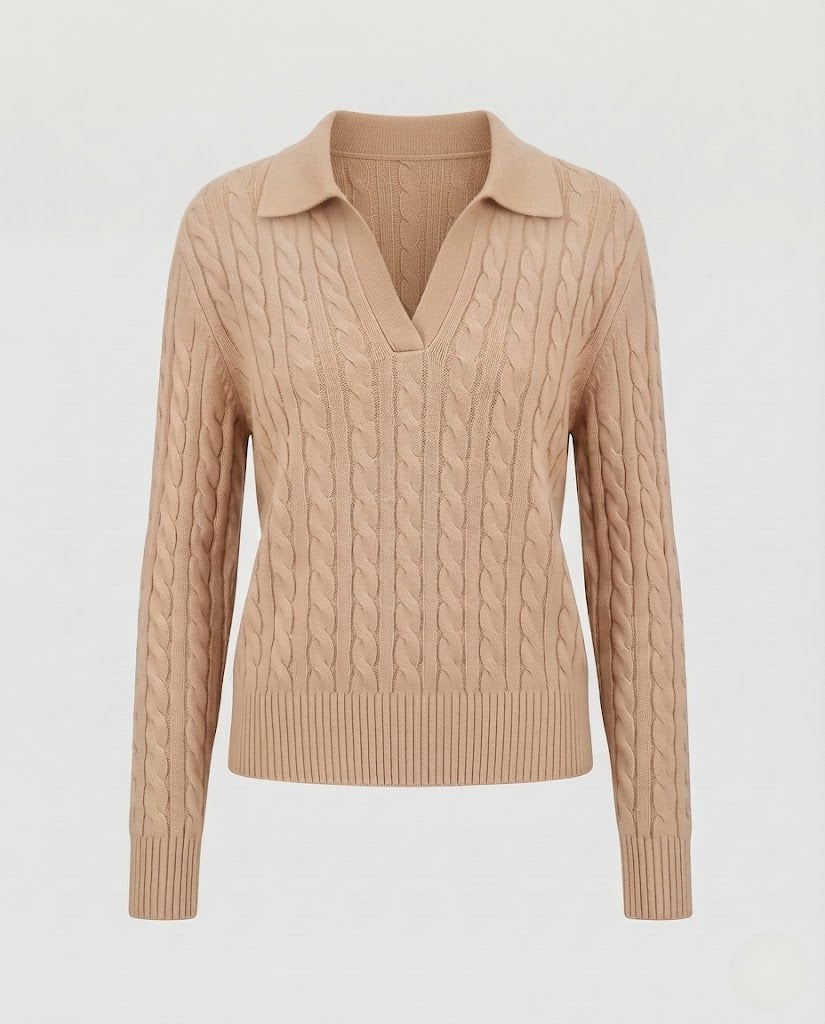 Women's cable knit polo sweater with V-neck and soft fine knit quality Mune Fashion