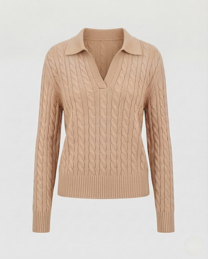 Women's cable knit polo sweater with V-neck and soft fine knit quality Mune Fashion