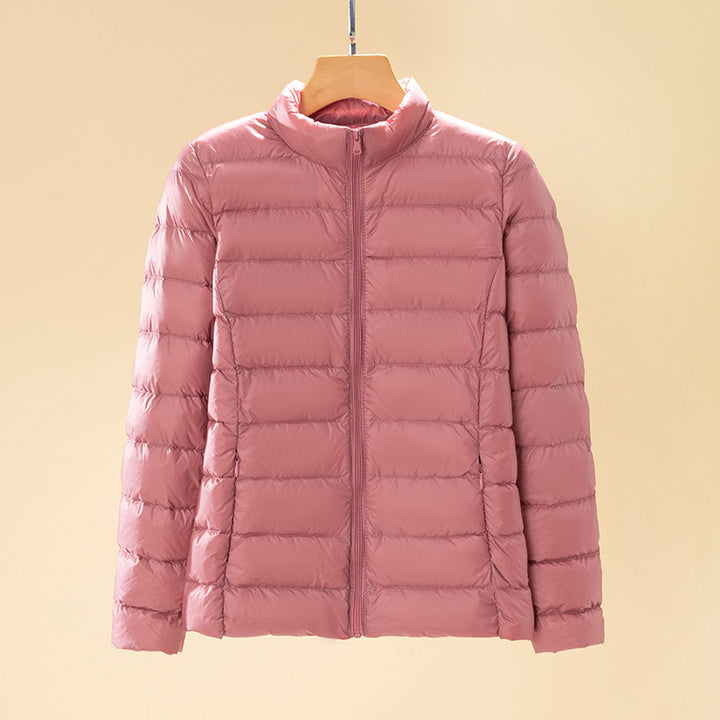Short women's down jacket with standing collar