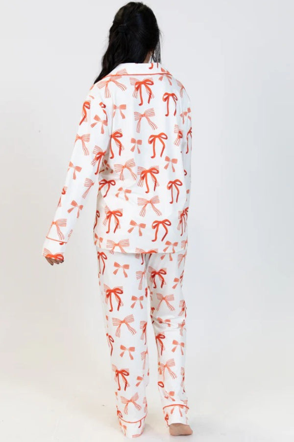 Mune | Christmas Bow Print Long Sleeve Shirt and Elastic Waist Pocket Pants Set