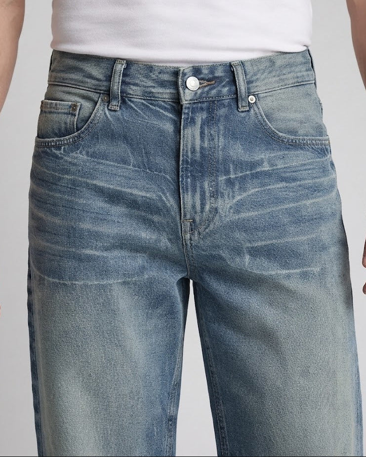 Men's Loose Fit Denim Jeans in Vintage Whisker Design with Palazzo Cut Mune Fashion