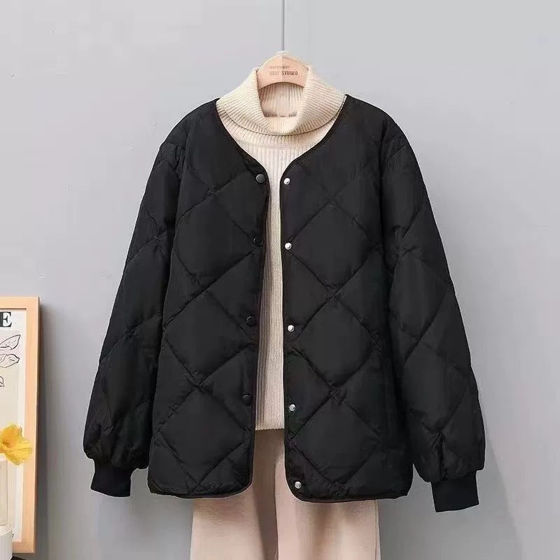 Short, quilted women's jacket with round neck