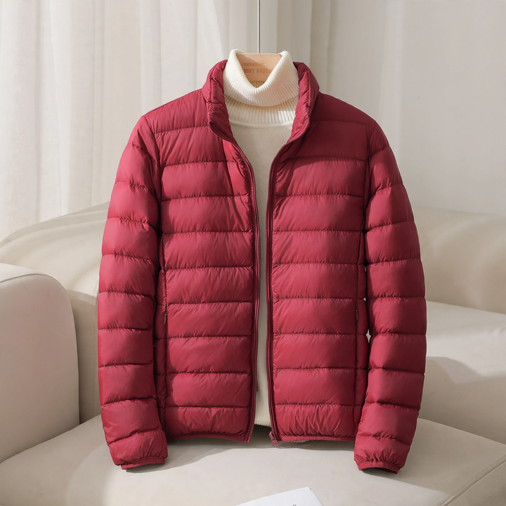 Short, lightweight women's down jacket, stand collar