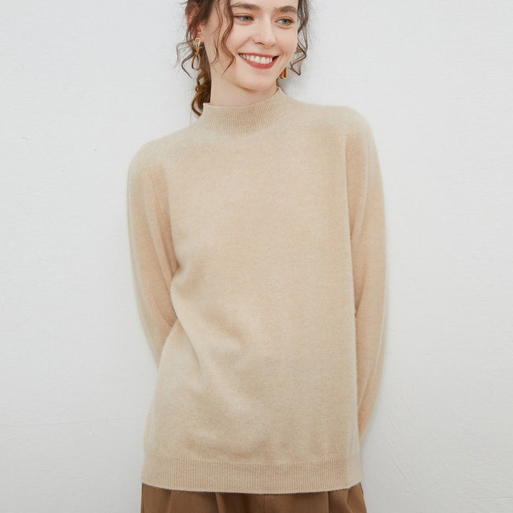 Women’s wool sweater, stand-up collar, ribbed knit, loose fit